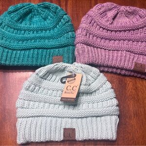 C.C Knit Beanie Trio in Turquoise, Lavender, and Light Blue